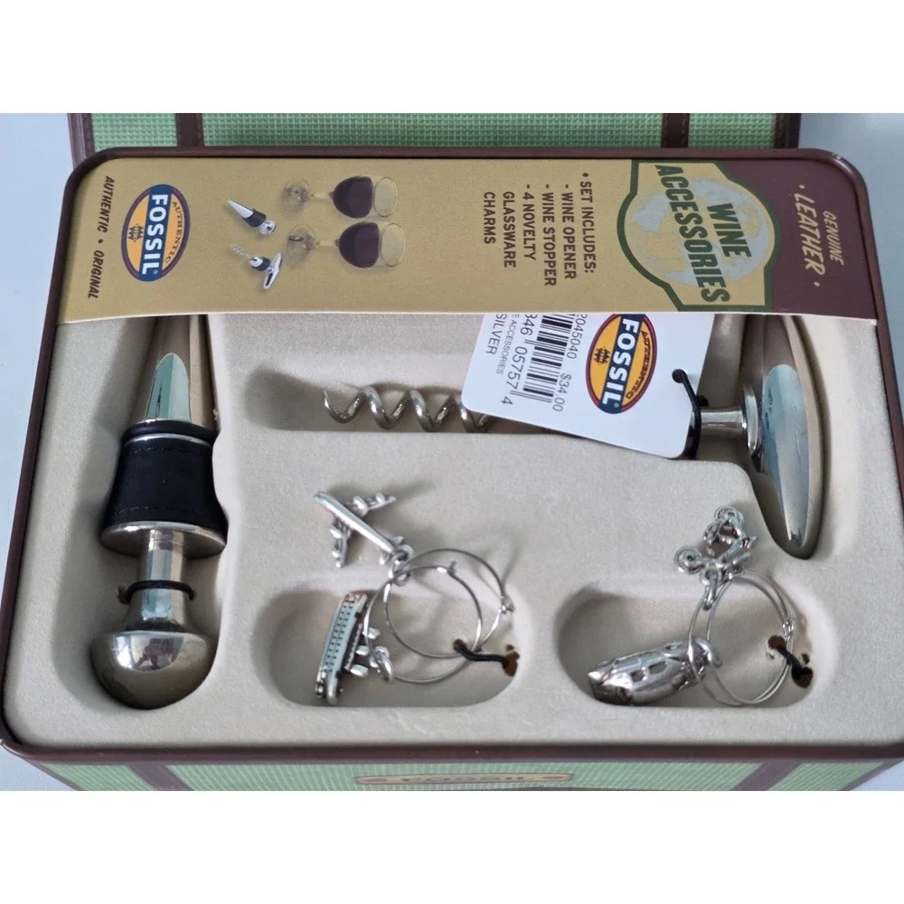 Fossil Silver Wine Accessory Kit Tin Corkscrew Stopper Charm Cork Opener Vintage